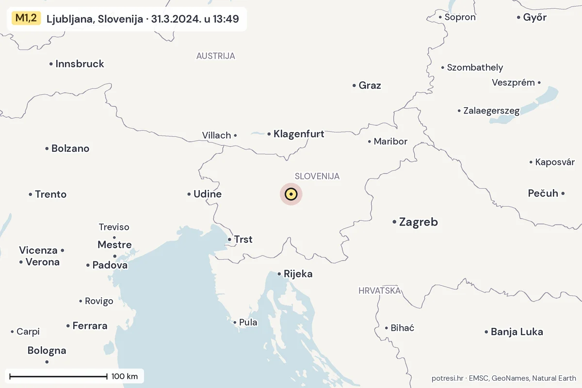 Karta: šire područje, 600 km, potres M1,2, Ljubljana, Slovenija, 31.3.2024.