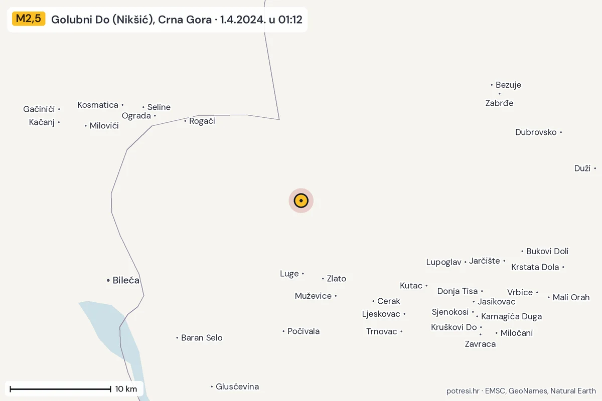 Karta: okolica epicentra, 60 km, potres M2,5, Golubni Do (Nikšić), Crna Gora, 1.4.2024.