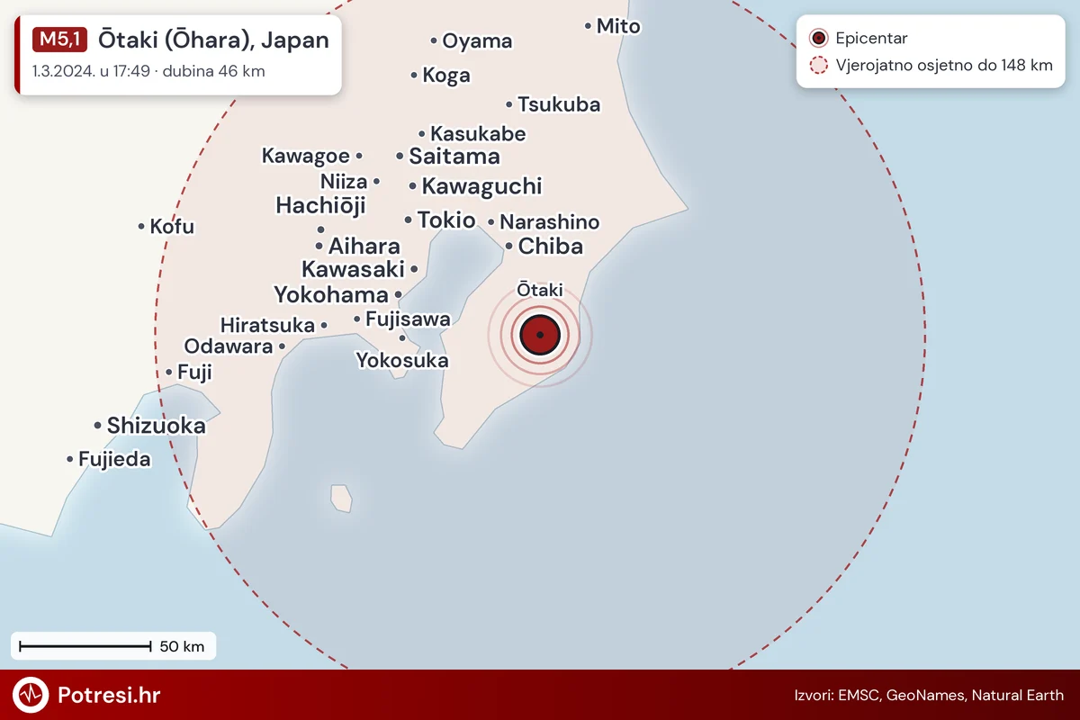 Karta: šire područje i vjerojatni doseg osjeta, potres M5,1, Ōtaki (Ōhara), Japan, 1.3.2024.
