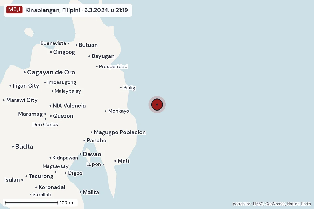 Karta: šire područje, 600 km, potres M5,1, Kinablangan, Filipini, 6.3.2024.