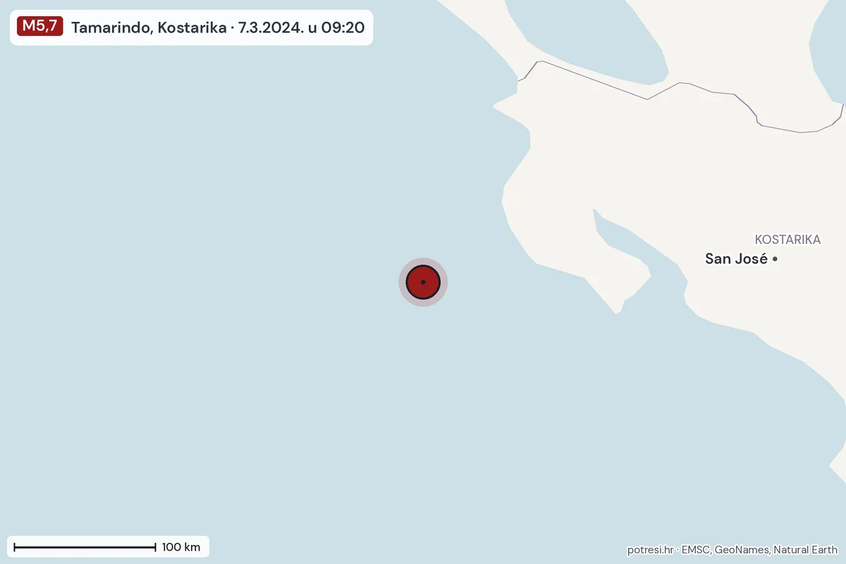 Karta: šire područje, 600 km, potres M5,7, Tamarindo, Kostarika, 7.3.2024.
