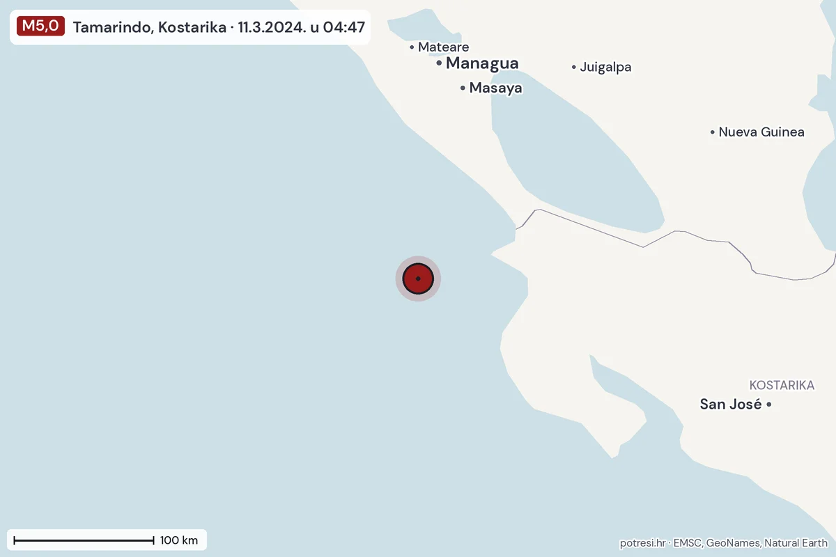 Karta: šire područje, 600 km, potres M5,0, Tamarindo, Kostarika, 11.3.2024.
