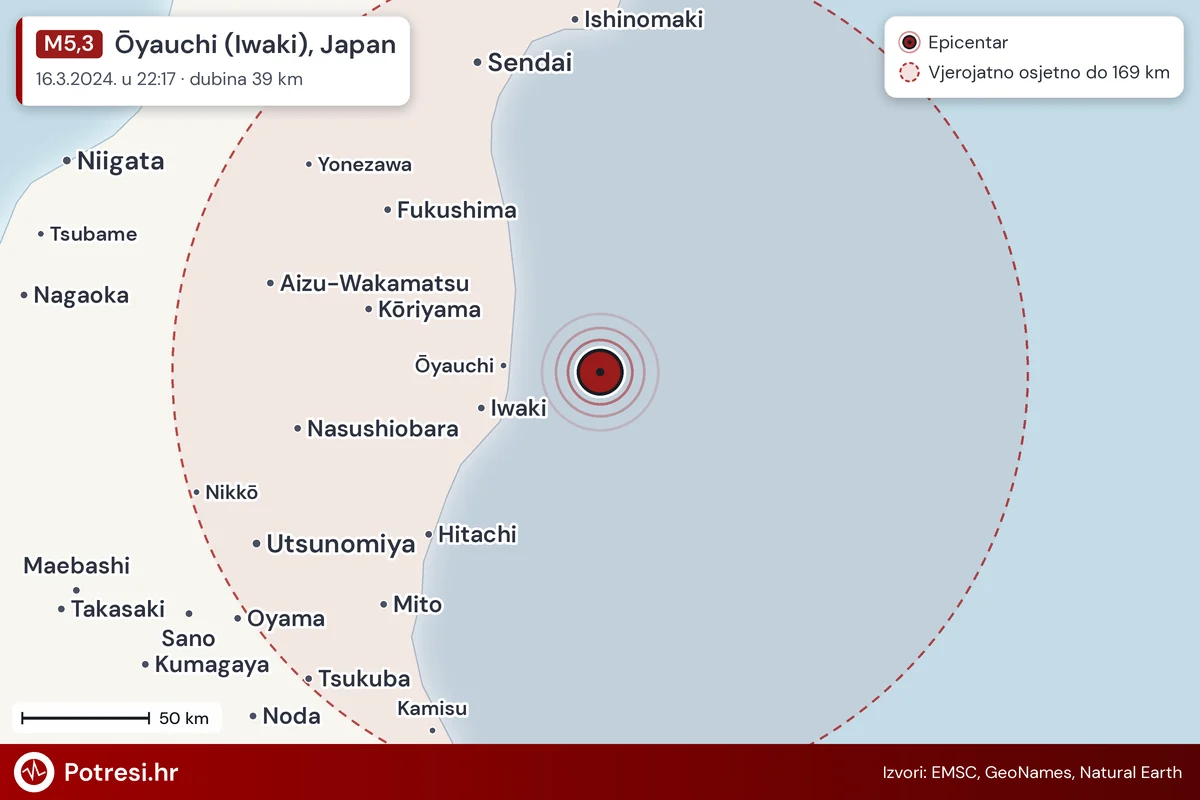 Karta: šire područje i vjerojatni doseg osjeta, potres M5,3, Ōyauchi (Iwaki), Japan, 16.3.2024.
