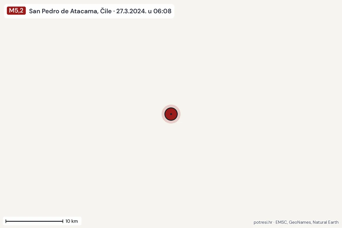Karta: okolica epicentra, 60 km, potres M5,2, San Pedro de Atacama, Čile, 27.3.2024.