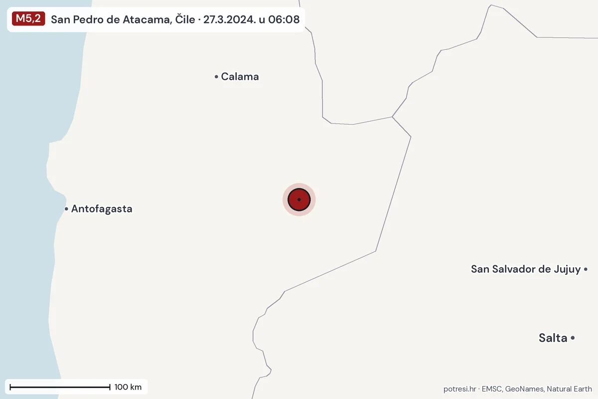 Karta: šire područje, 600 km, potres M5,2, San Pedro de Atacama, Čile, 27.3.2024.