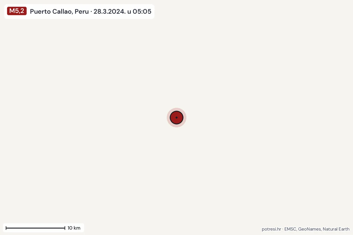 Karta: okolica epicentra, 60 km, potres M5,2, Puerto Callao, Peru, 28.3.2024.