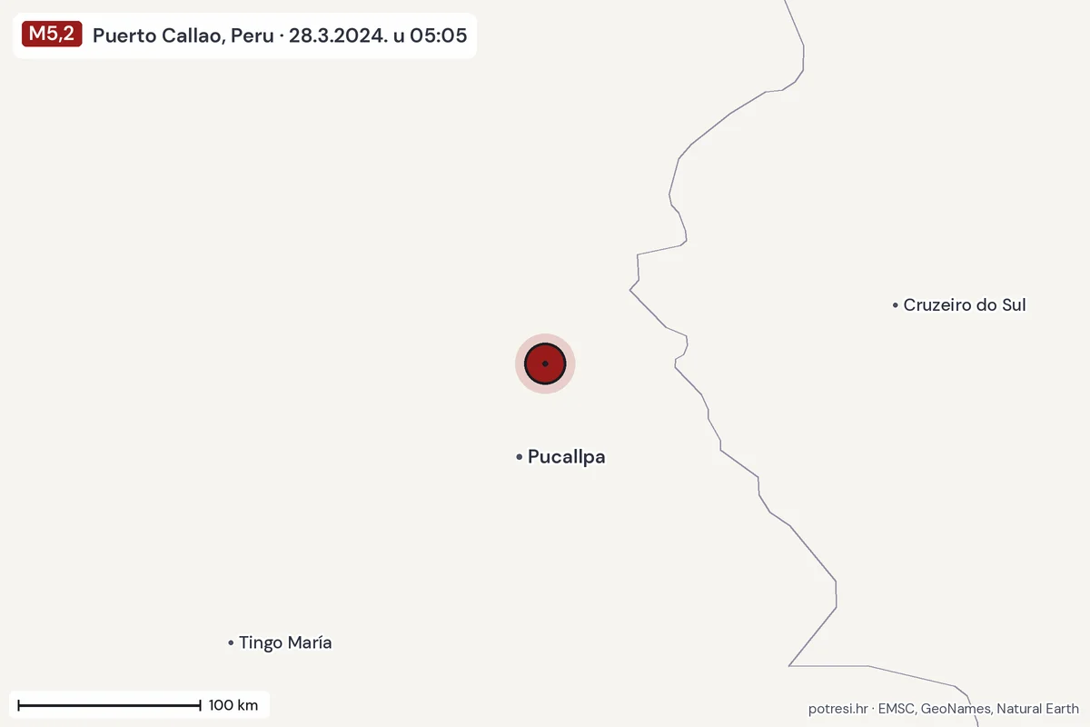 Karta: šire područje, 600 km, potres M5,2, Puerto Callao, Peru, 28.3.2024.