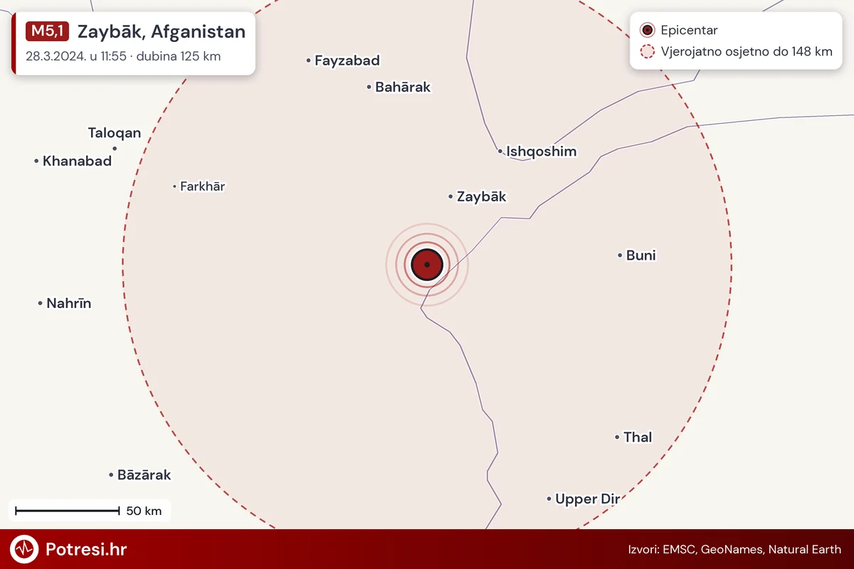 Karta: šire područje i vjerojatni doseg osjeta, potres M5,1, Zaybāk, Afganistan, 28.3.2024.