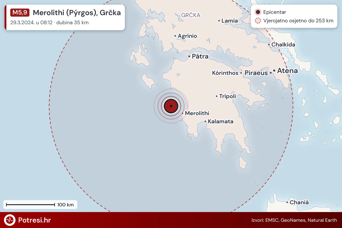 Karta: šire područje i vjerojatni doseg osjeta, potres M5,9, Merolithi (Pýrgos), Grčka, 29.3.2024.