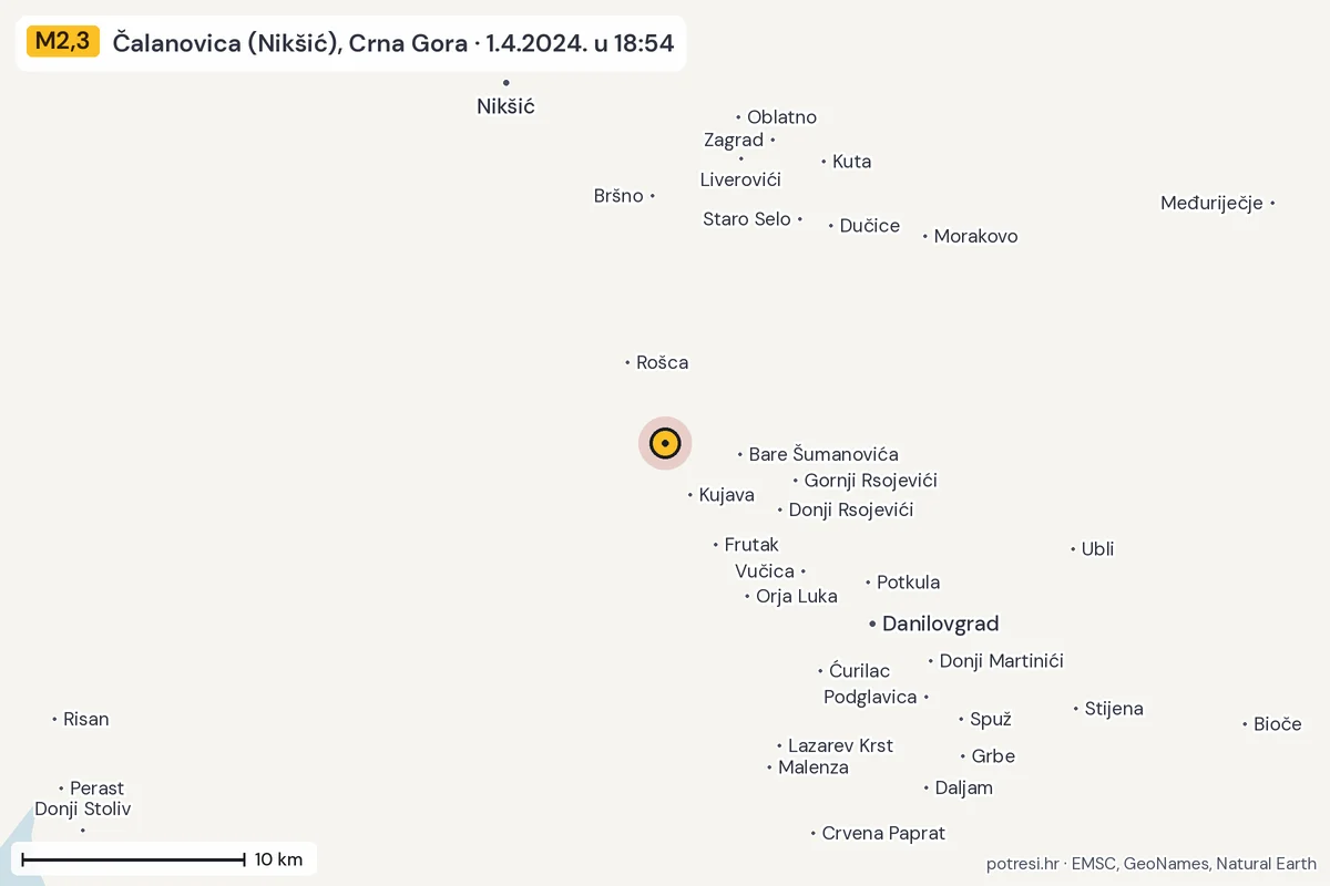 Karta: okolica epicentra, 60 km, potres M2,3, Čalanovica (Nikšić), Crna Gora, 1.4.2024.