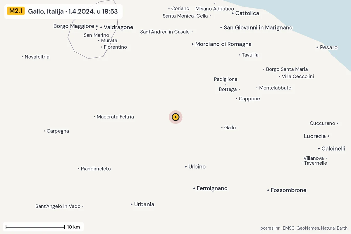 Karta: okolica epicentra, 60 km, potres M2,1, Gallo, Italija, 1.4.2024.