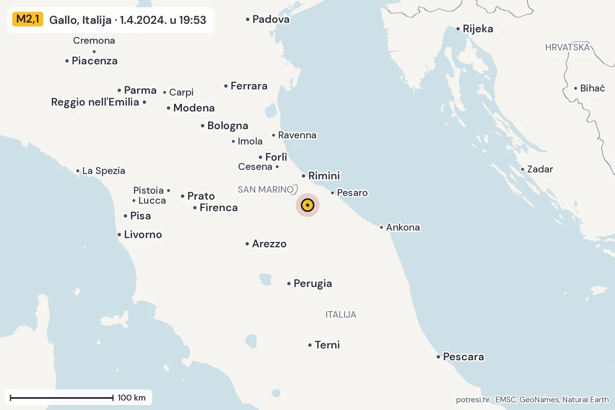 Karta: šire područje, 600 km, potres M2,1, Gallo, Italija, 1.4.2024.