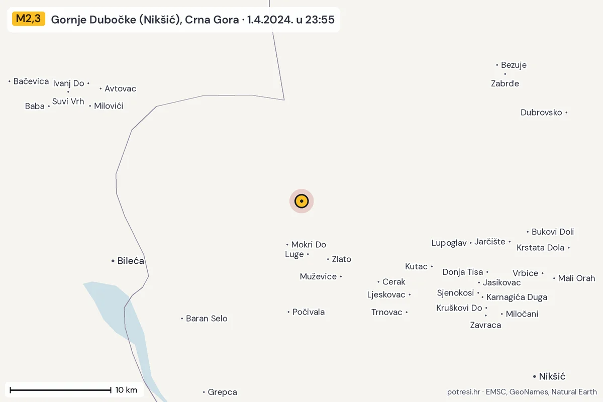 Karta: okolica epicentra, 60 km, potres M2,3, Gornje Dubočke (Nikšić), Crna Gora, 1.4.2024.