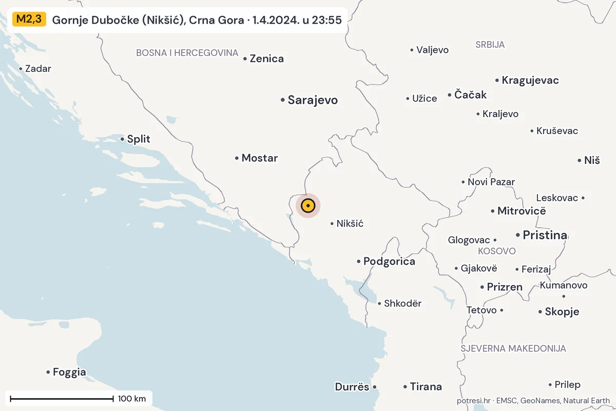 Karta: šire područje, 600 km, potres M2,3, Gornje Dubočke (Nikšić), Crna Gora, 1.4.2024.