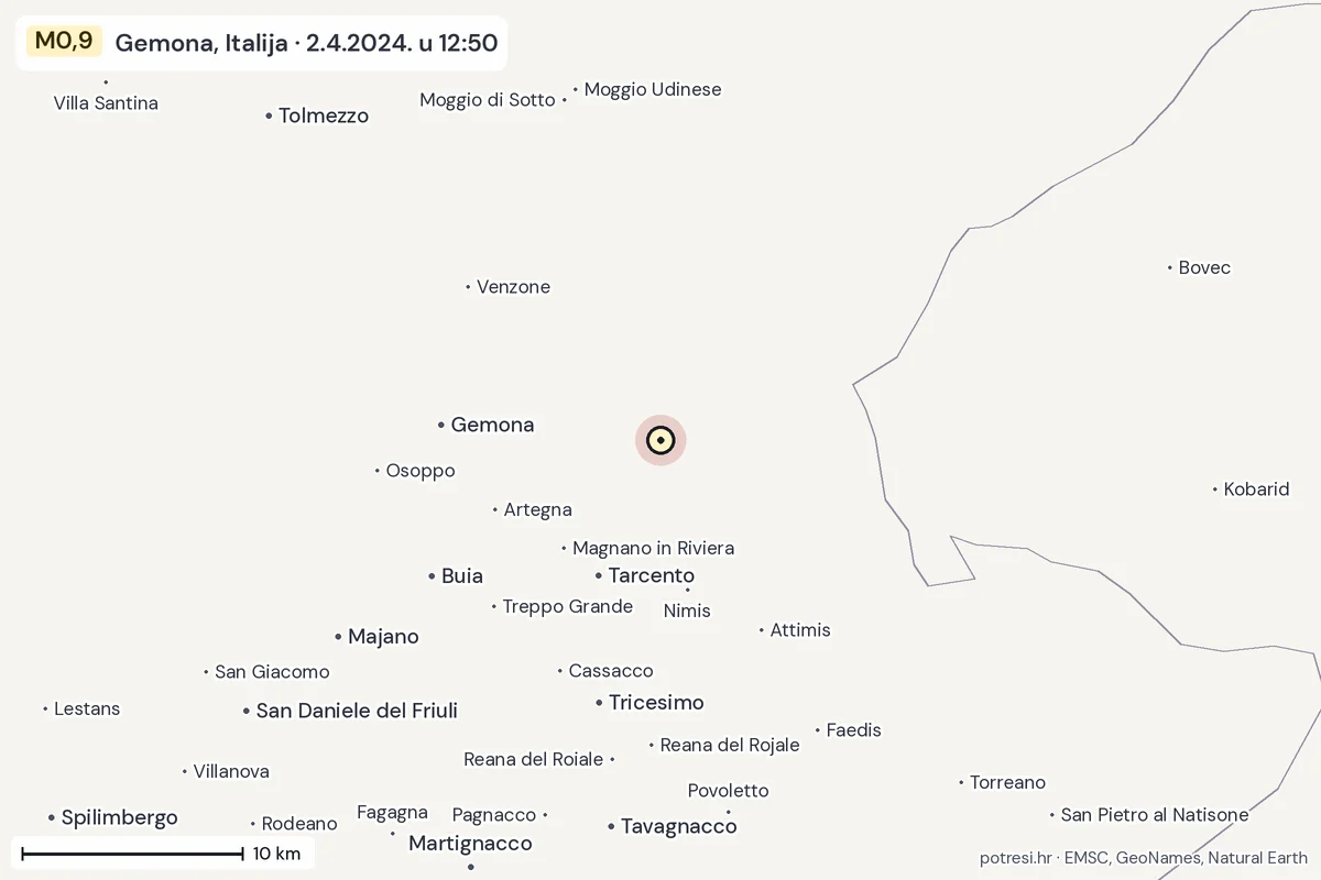 Karta: okolica epicentra, 60 km, potres M0,9, Gemona, Italija, 2.4.2024.