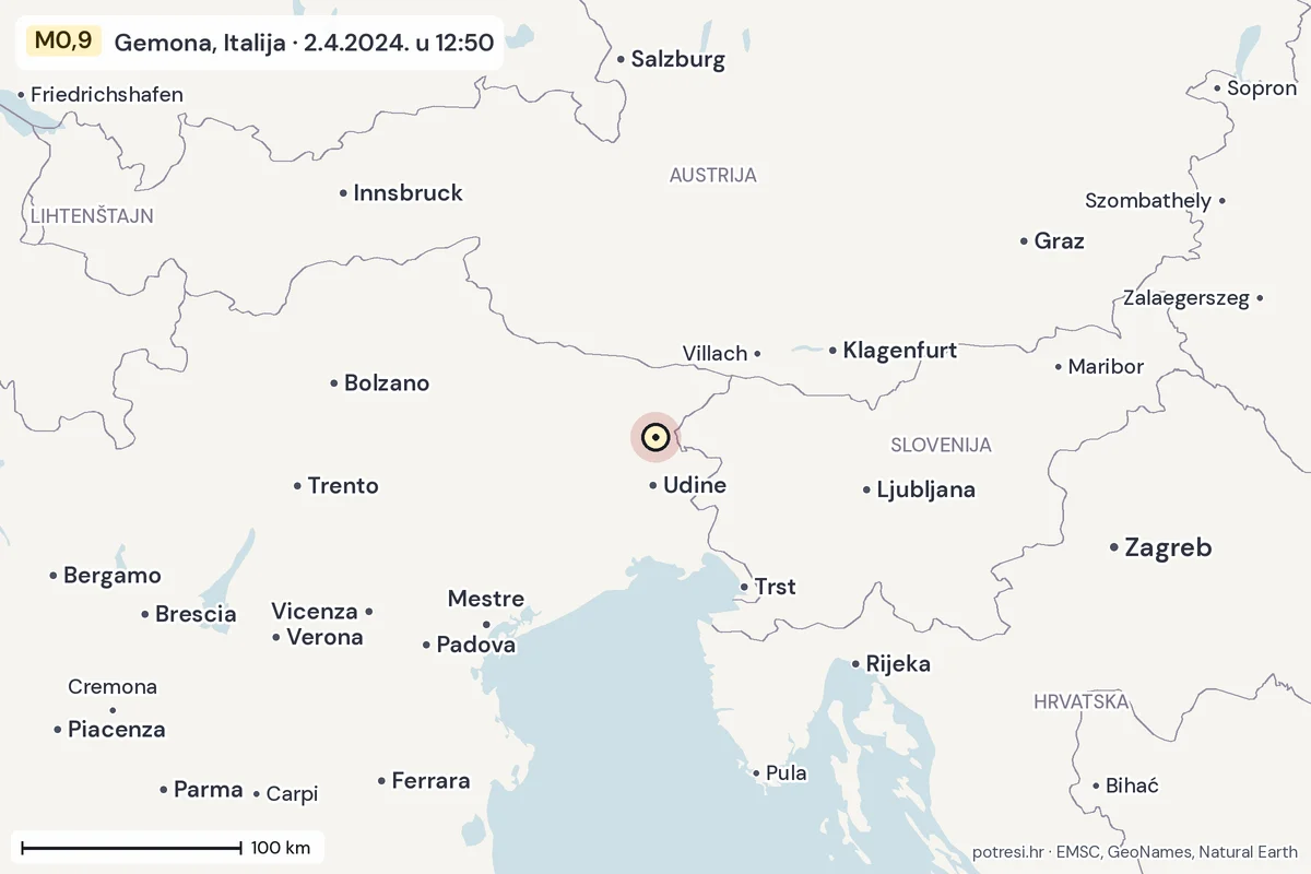 Karta: šire područje, 600 km, potres M0,9, Gemona, Italija, 2.4.2024.