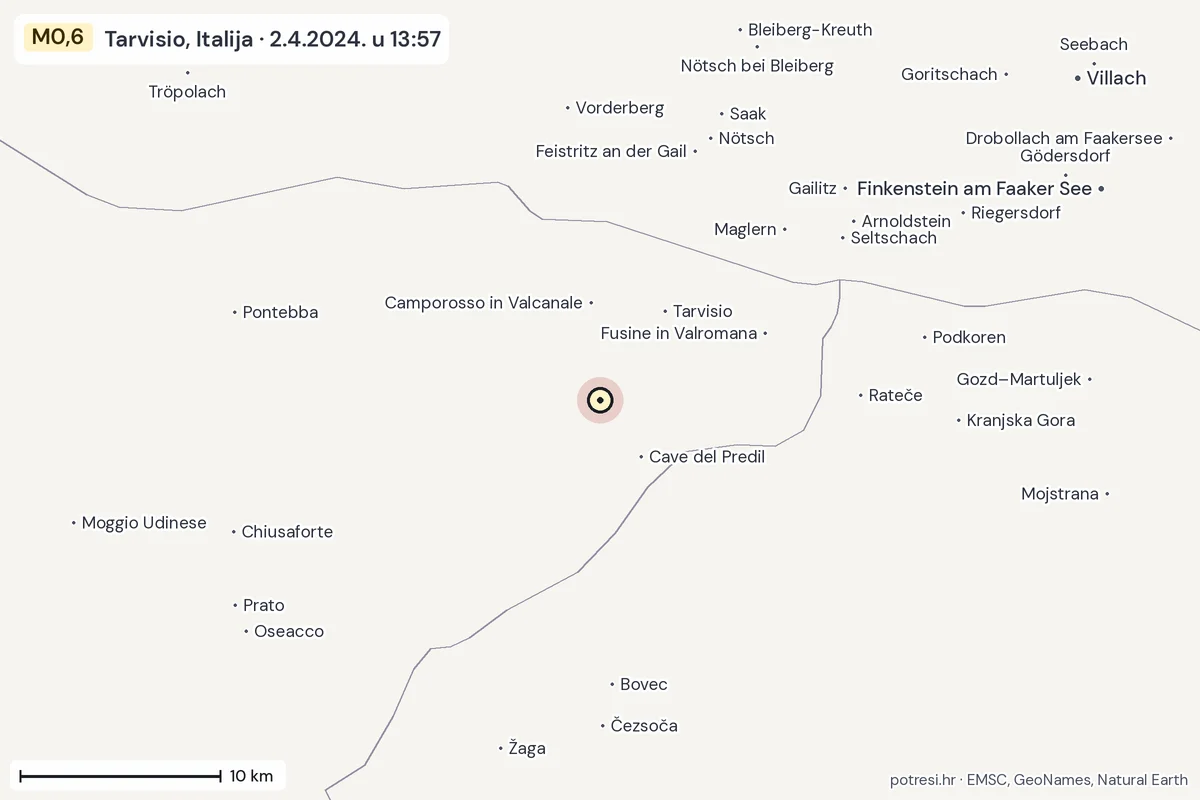 Karta: okolica epicentra, 60 km, potres M0,6, Tarvisio, Italija, 2.4.2024.