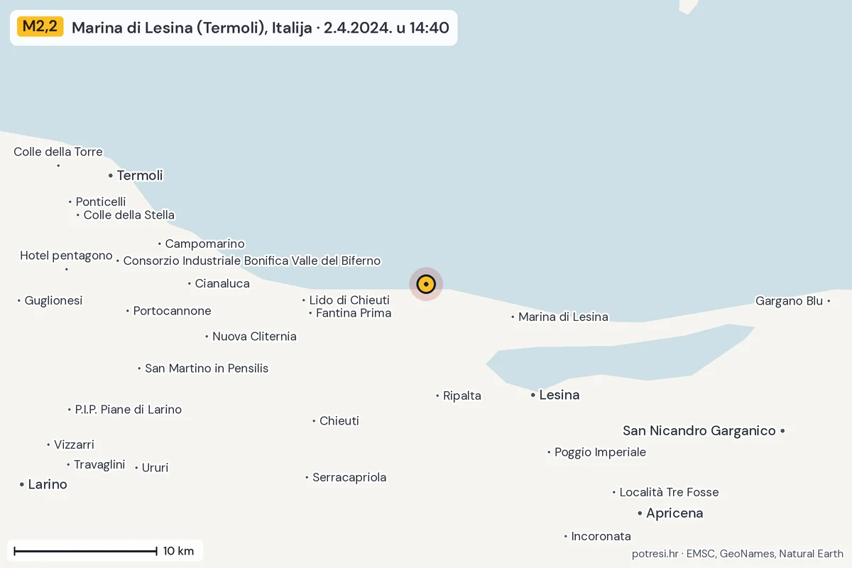 Karta: okolica epicentra, 60 km, potres M2,2, Marina di Lesina (Termoli), Italija, 2.4.2024.
