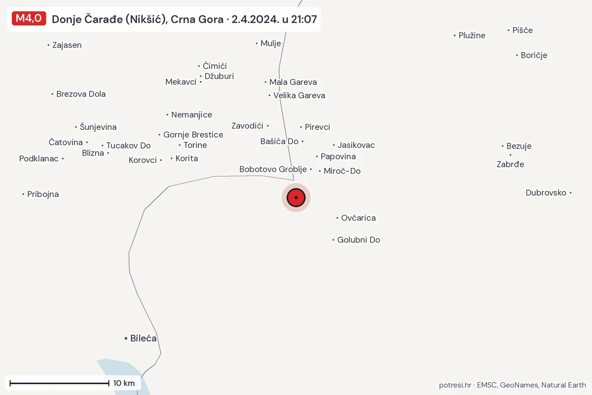 Karta: okolica epicentra, 60 km, potres M4,0, Donje Čarađe (Nikšić), Crna Gora, 2.4.2024.