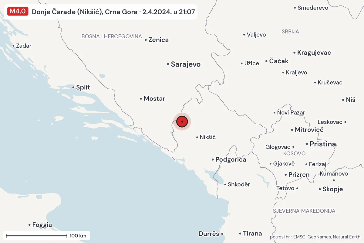 Karta: šire područje, 600 km, potres M4,0, Donje Čarađe (Nikšić), Crna Gora, 2.4.2024.