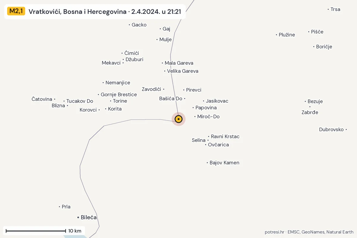 Karta: okolica epicentra, 60 km, potres M2,1, Vratkovići, Bosna i Hercegovina, 2.4.2024.
