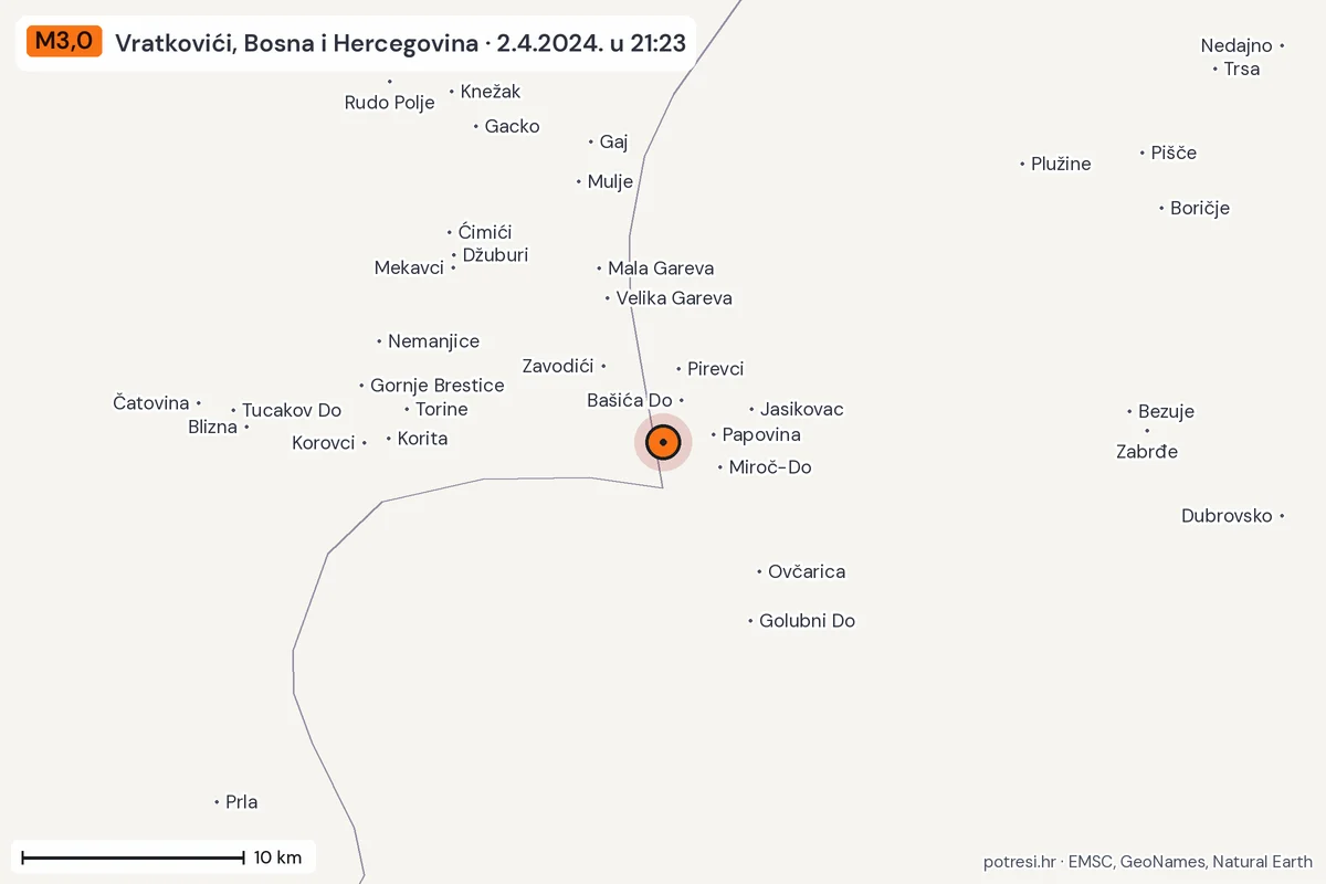 Karta: okolica epicentra, 60 km, potres M3,0, Vratkovići, Bosna i Hercegovina, 2.4.2024.
