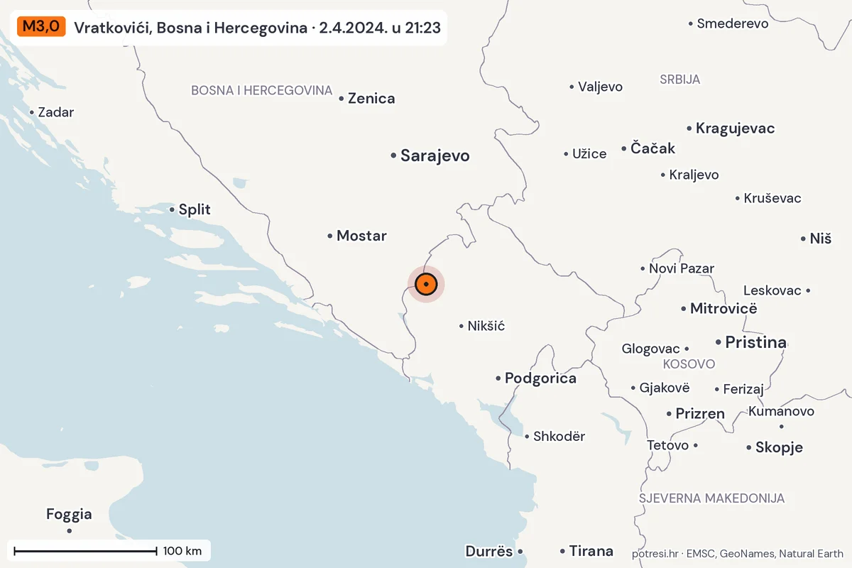 Karta: šire područje, 600 km, potres M3,0, Vratkovići, Bosna i Hercegovina, 2.4.2024.