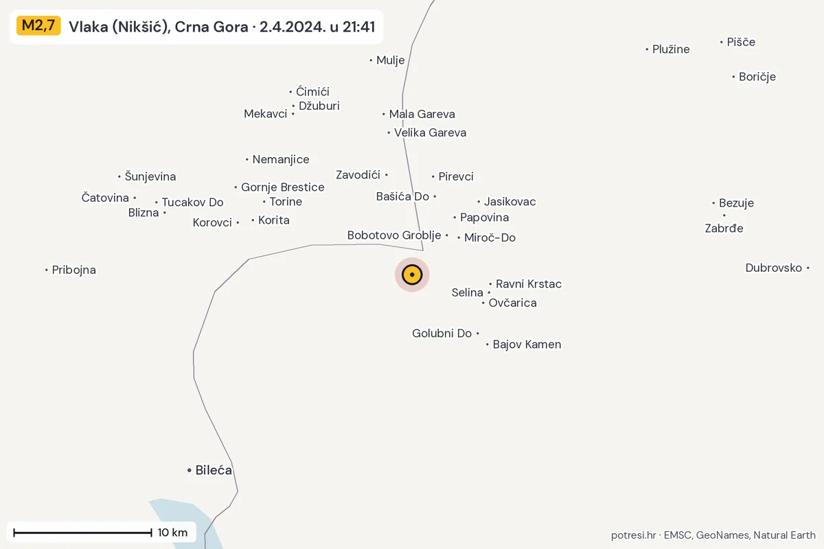 Karta: okolica epicentra, 60 km, potres M2,7, Vlaka (Nikšić), Crna Gora, 2.4.2024.