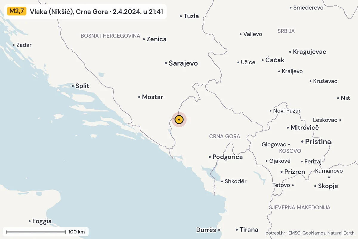 Karta: šire područje, 600 km, potres M2,7, Vlaka (Nikšić), Crna Gora, 2.4.2024.