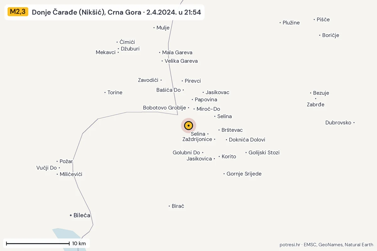 Karta: okolica epicentra, 60 km, potres M2,3, Donje Čarađe (Nikšić), Crna Gora, 2.4.2024.