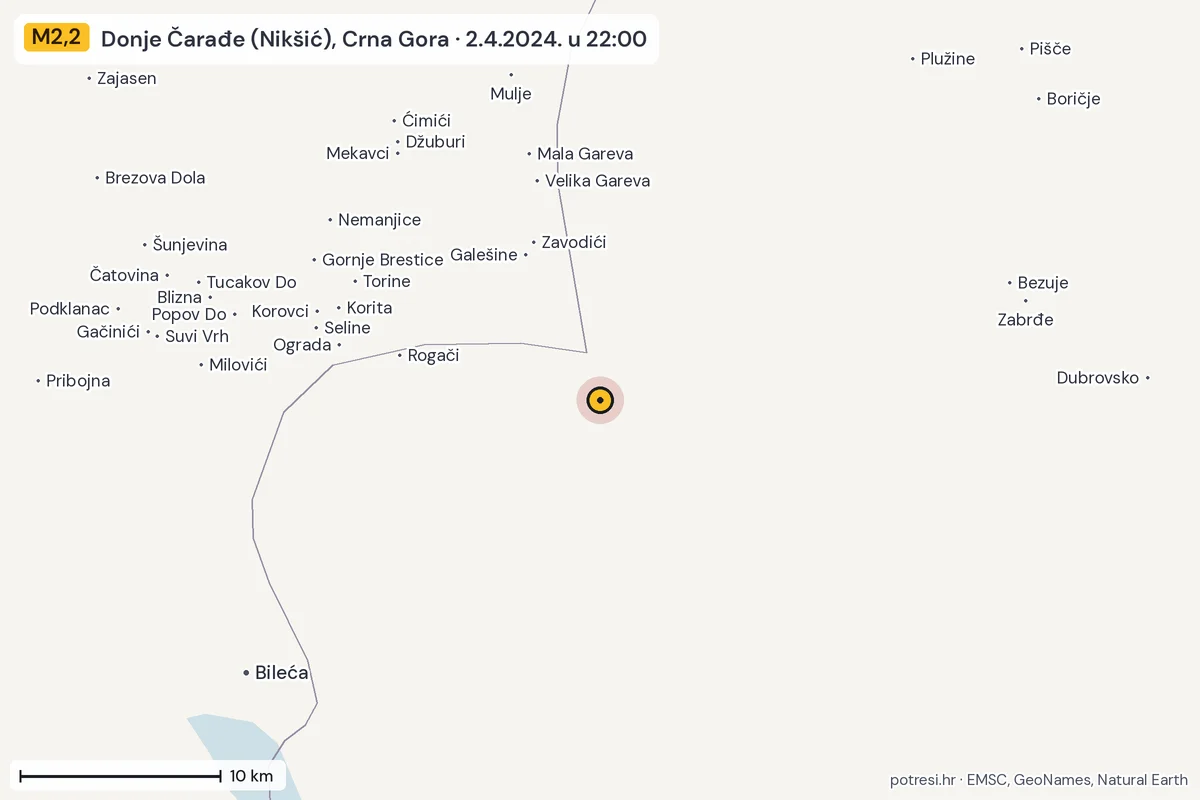 Karta: okolica epicentra, 60 km, potres M2,2, Donje Čarađe (Nikšić), Crna Gora, 2.4.2024.