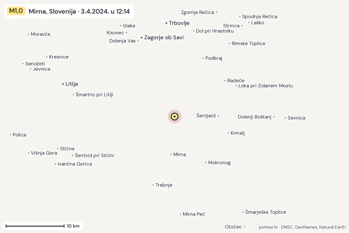 Karta: okolica epicentra, 60 km, potres M1,0, Mirna, Slovenija, 3.4.2024.