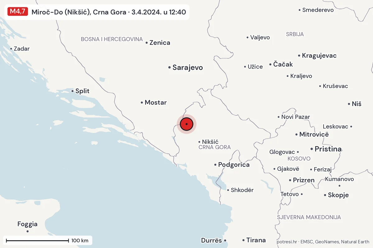 Karta: šire područje, 600 km, potres M4,7, Miroč-Do (Nikšić), Crna Gora, 3.4.2024.