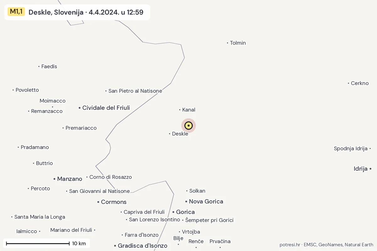 Karta: okolica epicentra, 60 km, potres M1,1, Deskle, Slovenija, 4.4.2024.