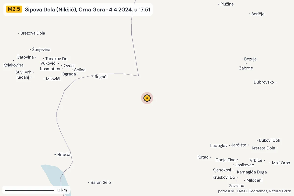 Karta: okolica epicentra, 60 km, potres M2,5, Šipova Dola (Nikšić), Crna Gora, 4.4.2024.