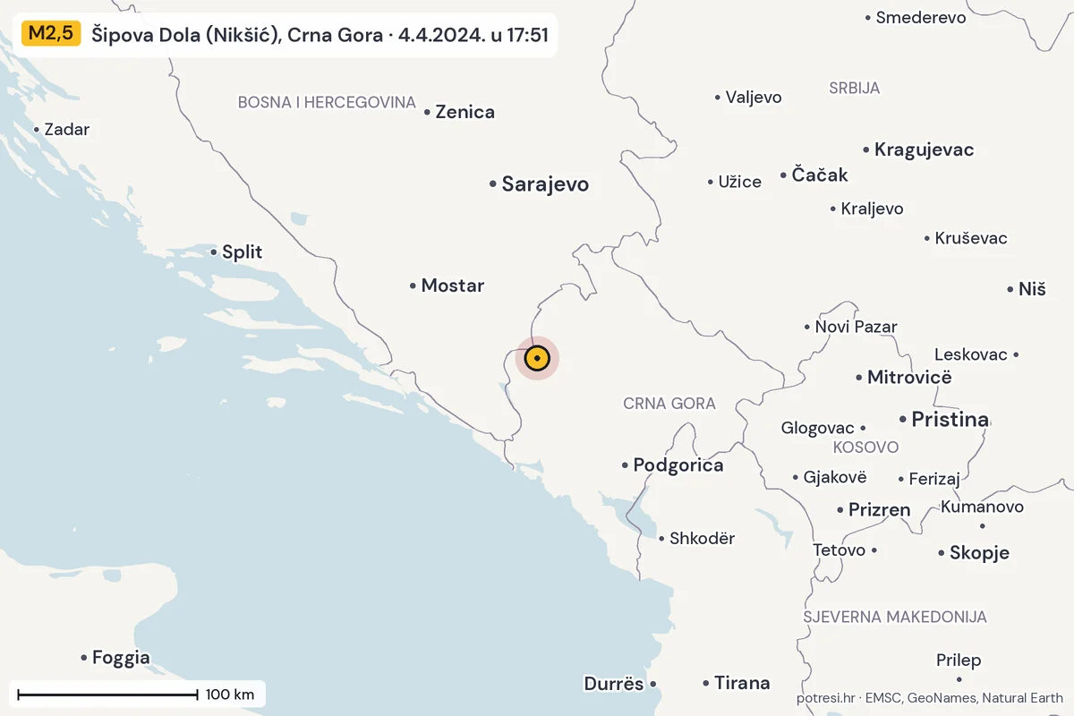Karta: šire područje, 600 km, potres M2,5, Šipova Dola (Nikšić), Crna Gora, 4.4.2024.