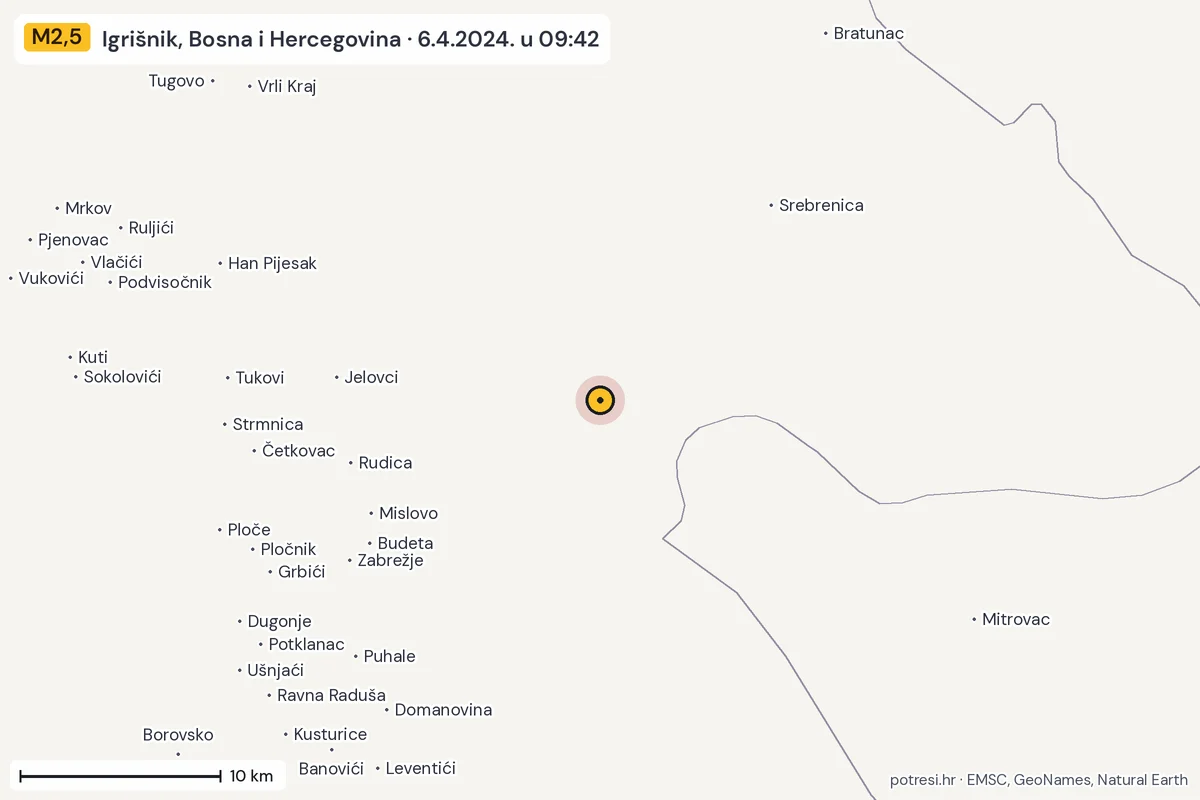 Karta: okolica epicentra, 60 km, potres M2,5, Igrišnik, Bosna i Hercegovina, 6.4.2024.