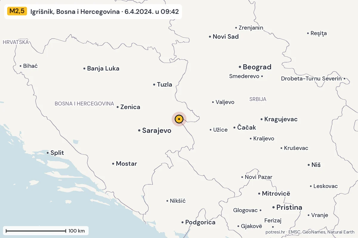 Karta: šire područje, 600 km, potres M2,5, Igrišnik, Bosna i Hercegovina, 6.4.2024.