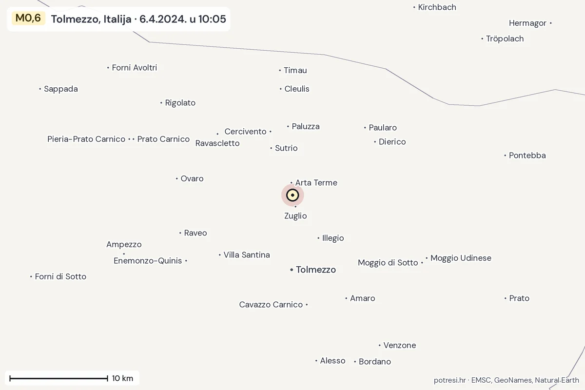 Karta: okolica epicentra, 60 km, potres M0,6, Tolmezzo, Italija, 6.4.2024.