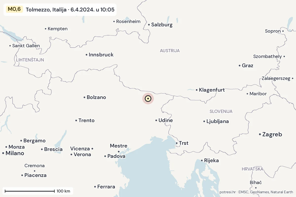 Karta: šire područje, 600 km, potres M0,6, Tolmezzo, Italija, 6.4.2024.