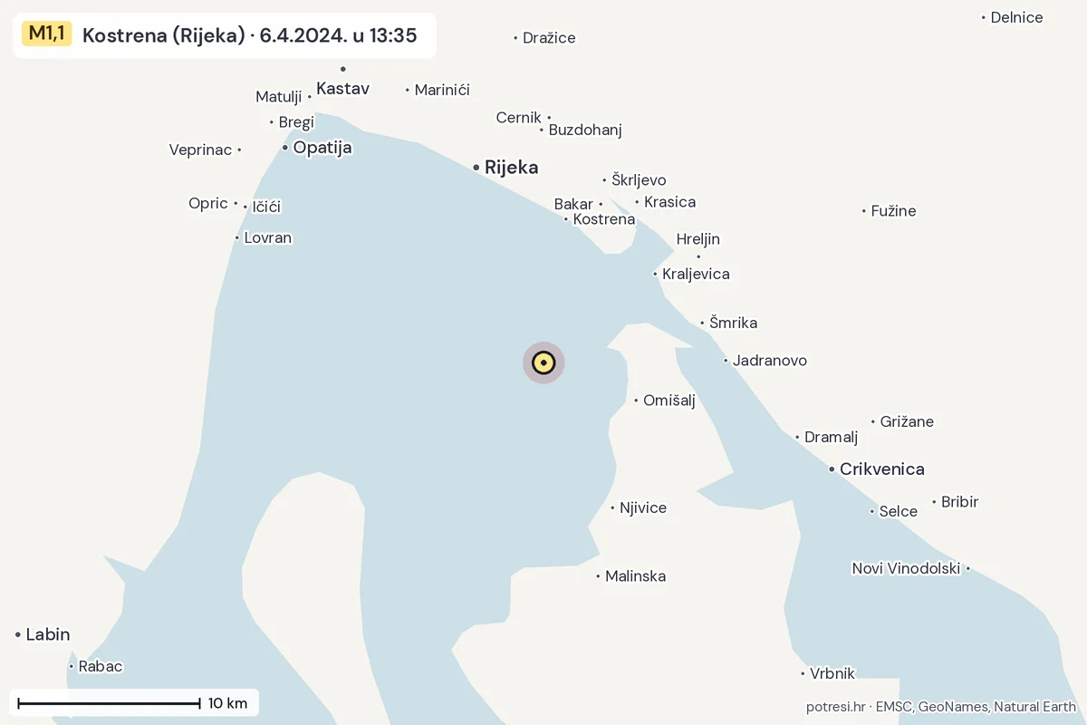 Karta: okolica epicentra, 60 km, potres M1,1, Kostrena (Rijeka), 6.4.2024.
