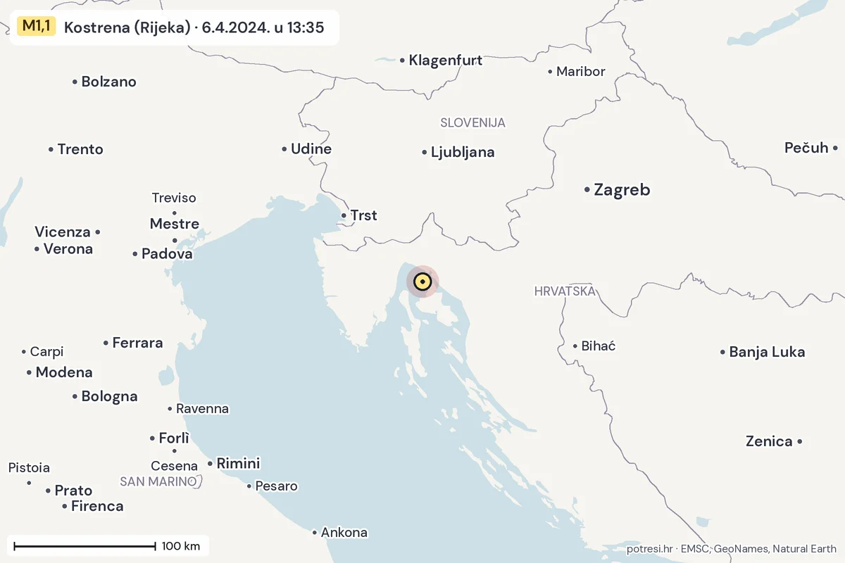 Karta: šire područje, 600 km, potres M1,1, Kostrena (Rijeka), 6.4.2024.