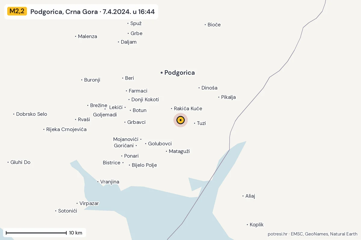 Karta: okolica epicentra, 60 km, potres M2,2, Podgorica, Crna Gora, 7.4.2024.