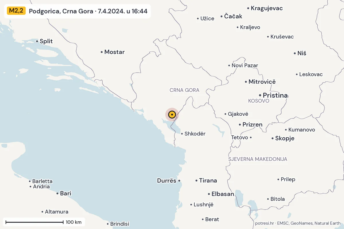 Karta: šire područje, 600 km, potres M2,2, Podgorica, Crna Gora, 7.4.2024.