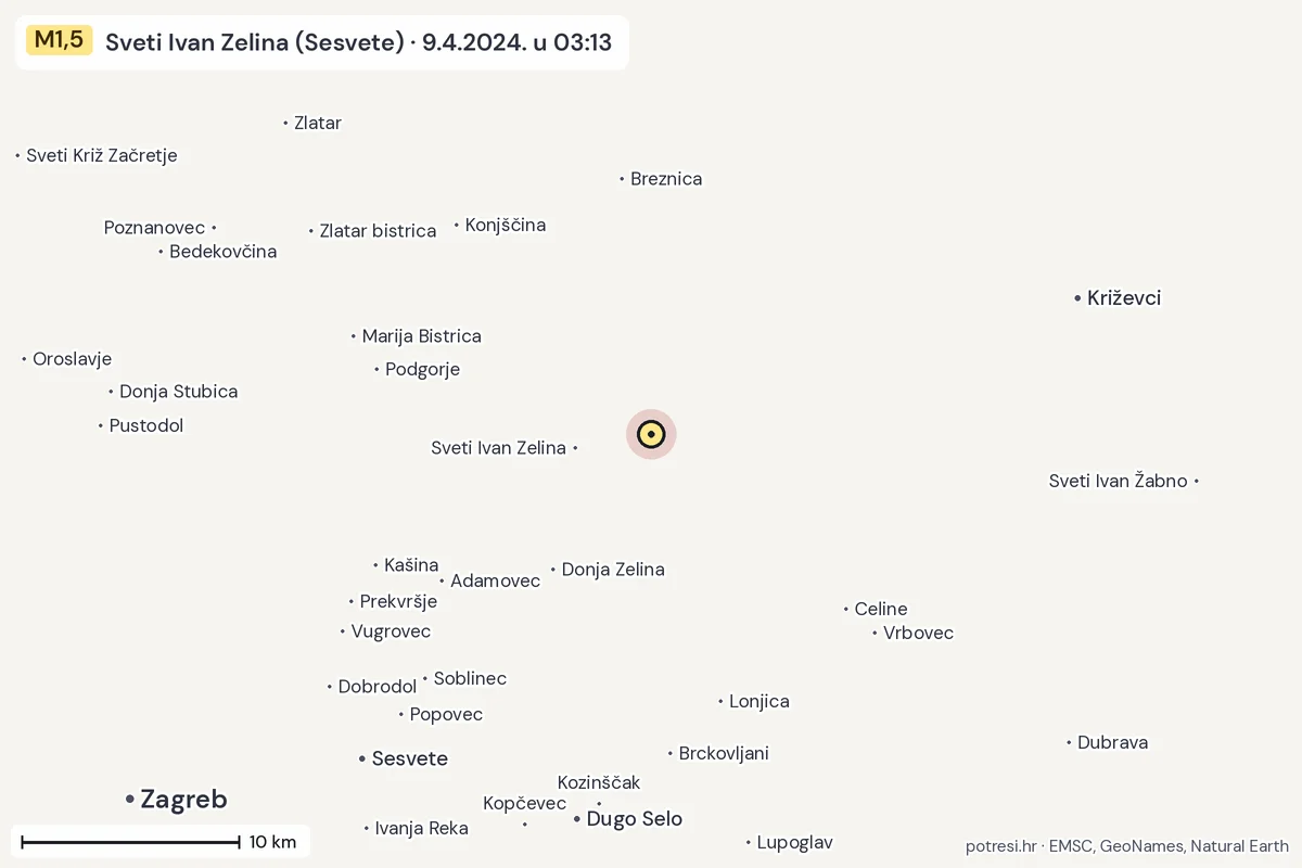 Karta: okolica epicentra, 60 km, potres M1,5, Sveti Ivan Zelina (Sesvete), 9.4.2024.