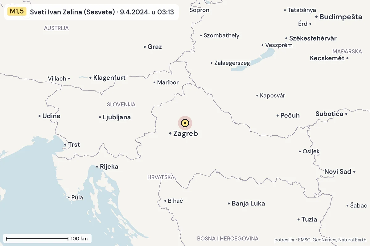 Karta: šire područje, 600 km, potres M1,5, Sveti Ivan Zelina (Sesvete), 9.4.2024.