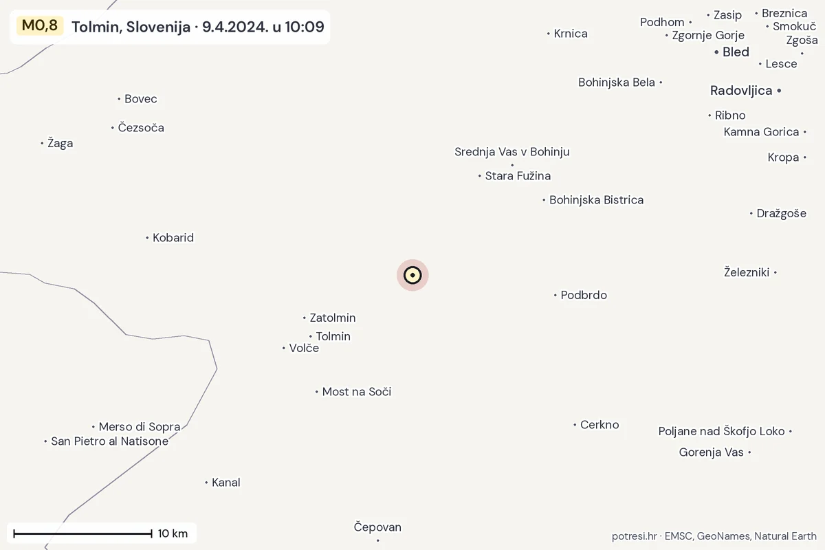 Karta: okolica epicentra, 60 km, potres M0,8, Tolmin, Slovenija, 9.4.2024.
