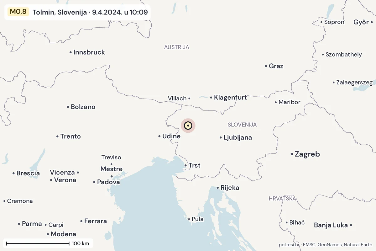 Karta: šire područje, 600 km, potres M0,8, Tolmin, Slovenija, 9.4.2024.