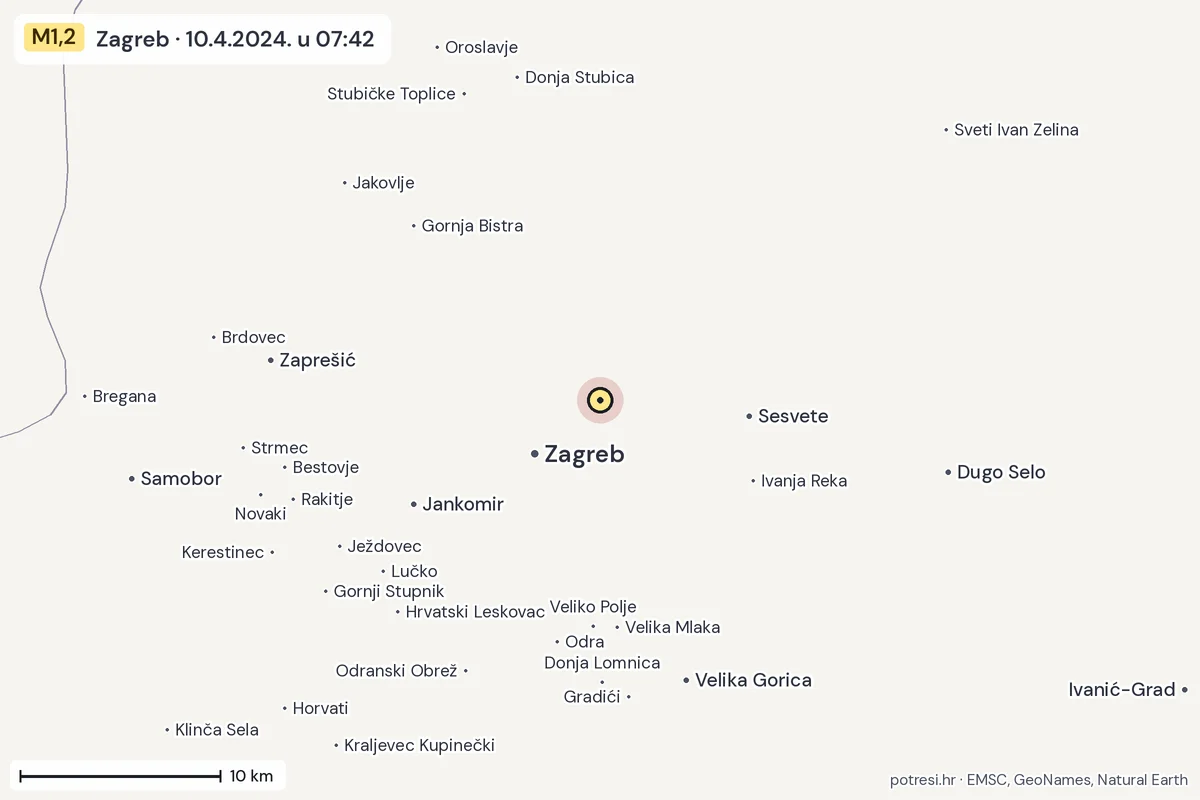 Karta: okolica epicentra, 60 km, potres M1,2, Zagreb, 10.4.2024.