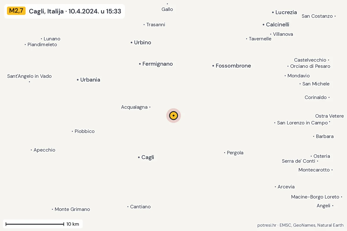 Karta: okolica epicentra, 60 km, potres M2,7, Cagli, Italija, 10.4.2024.